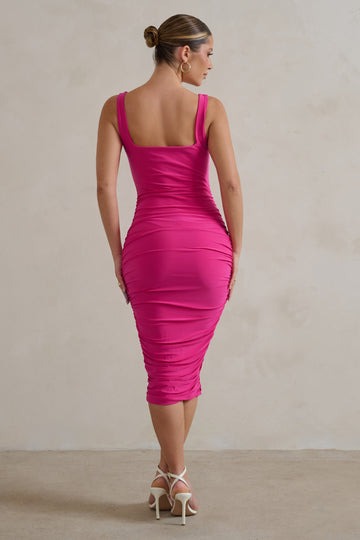 Lisbon Hot Pink Square Neck Ruched Midi Dress